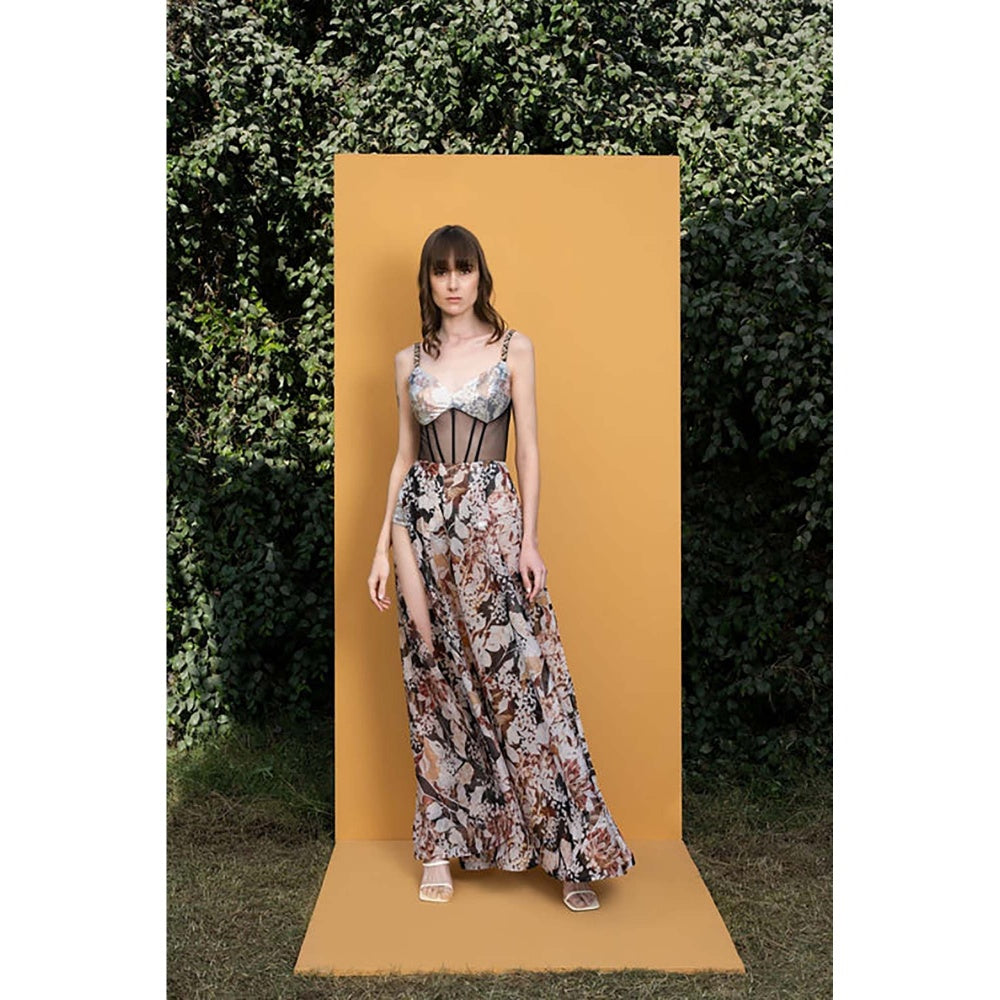 MANDIRA WIRK Black Rose Printed Sequins Romper Maxi Dress