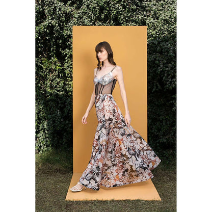 MANDIRA WIRK Black Rose Printed Sequins Romper Maxi Dress