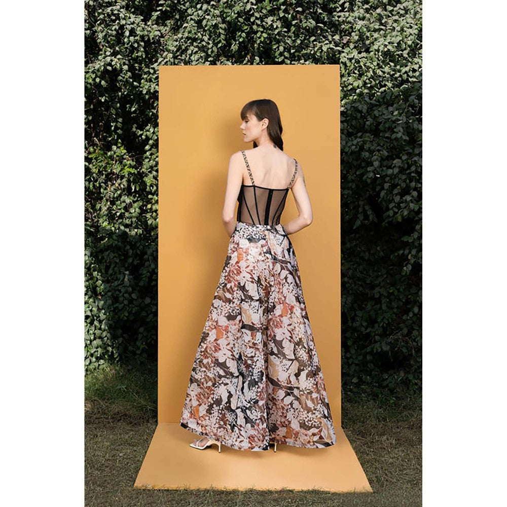 MANDIRA WIRK Black Rose Printed Sequins Romper Maxi Dress
