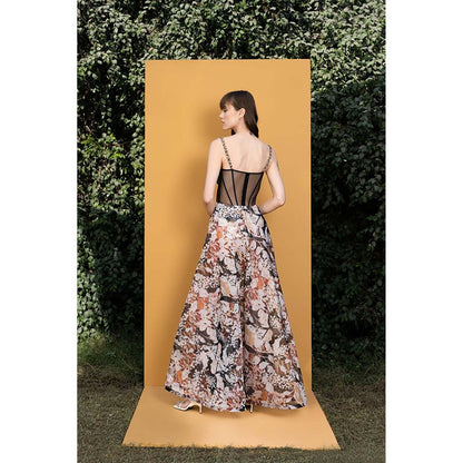MANDIRA WIRK Black Rose Printed Sequins Romper Maxi Dress
