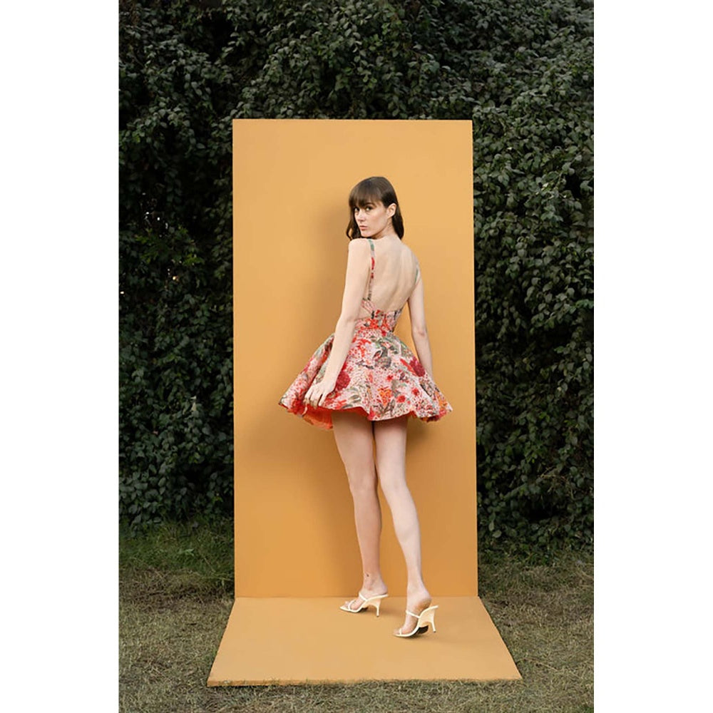 MANDIRA WIRK Dahlia Bouquet Printed Cutout Short Dress