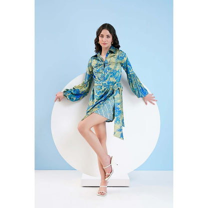 MANDIRA WIRK Gold Foil Printed Short Dress With Belt