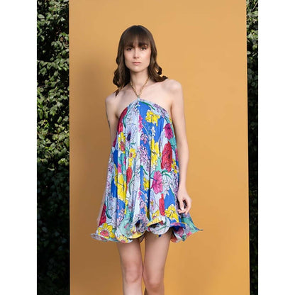 MANDIRA WIRK Hibiscus Printed Halter Neck Short Dress