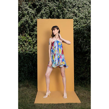 MANDIRA WIRK Hibiscus Printed Halter Neck Short Dress