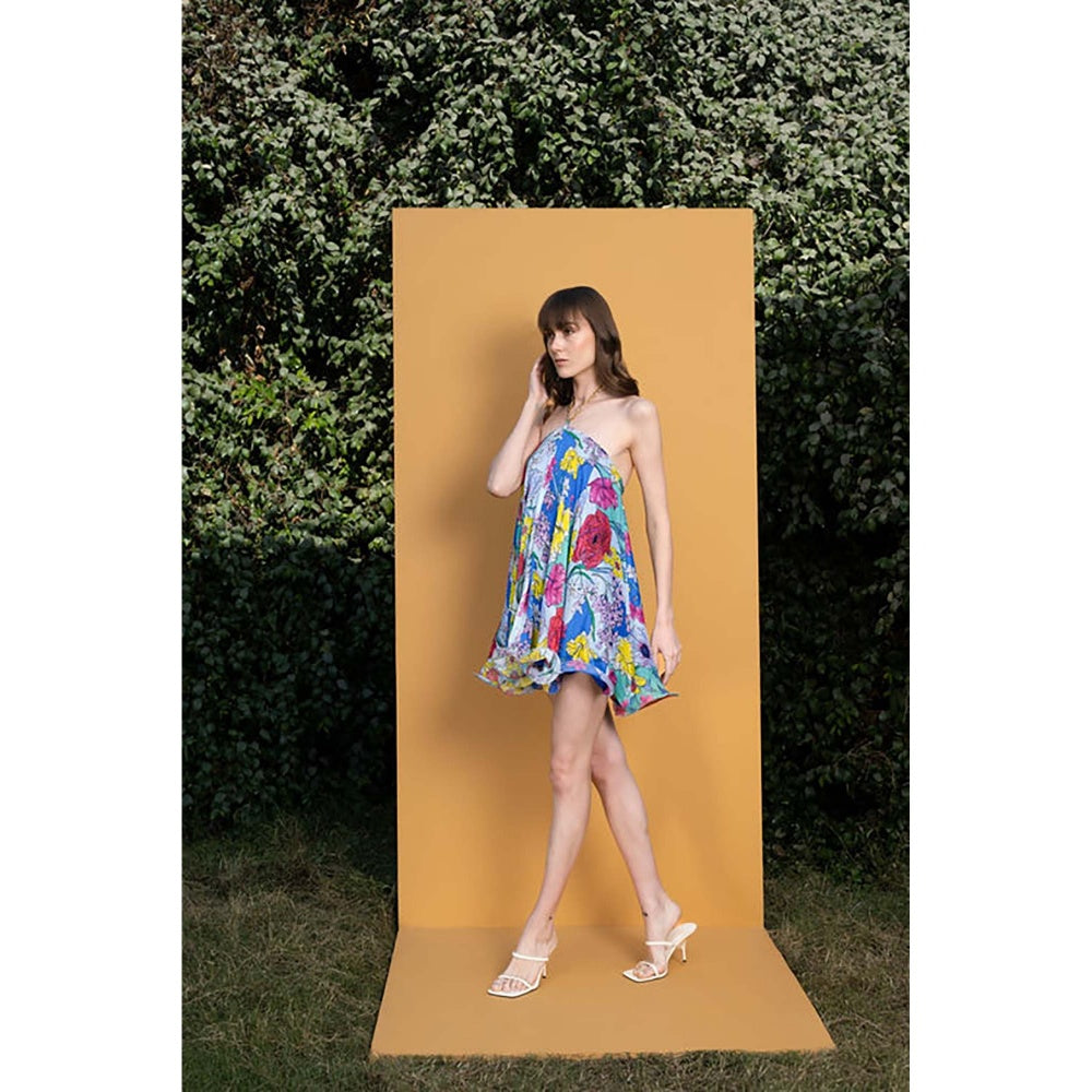 MANDIRA WIRK Hibiscus Printed Halter Neck Short Dress