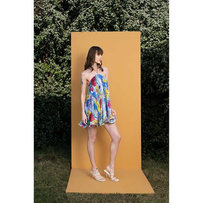 MANDIRA WIRK Hibiscus Printed Halter Neck Short Dress