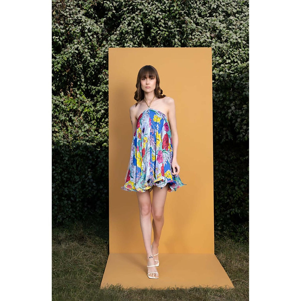 MANDIRA WIRK Hibiscus Printed Halter Neck Short Dress