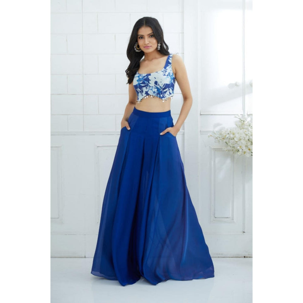 MANDIRA WIRK Blue Printed Blouse With Ombre Pleated Palazzo