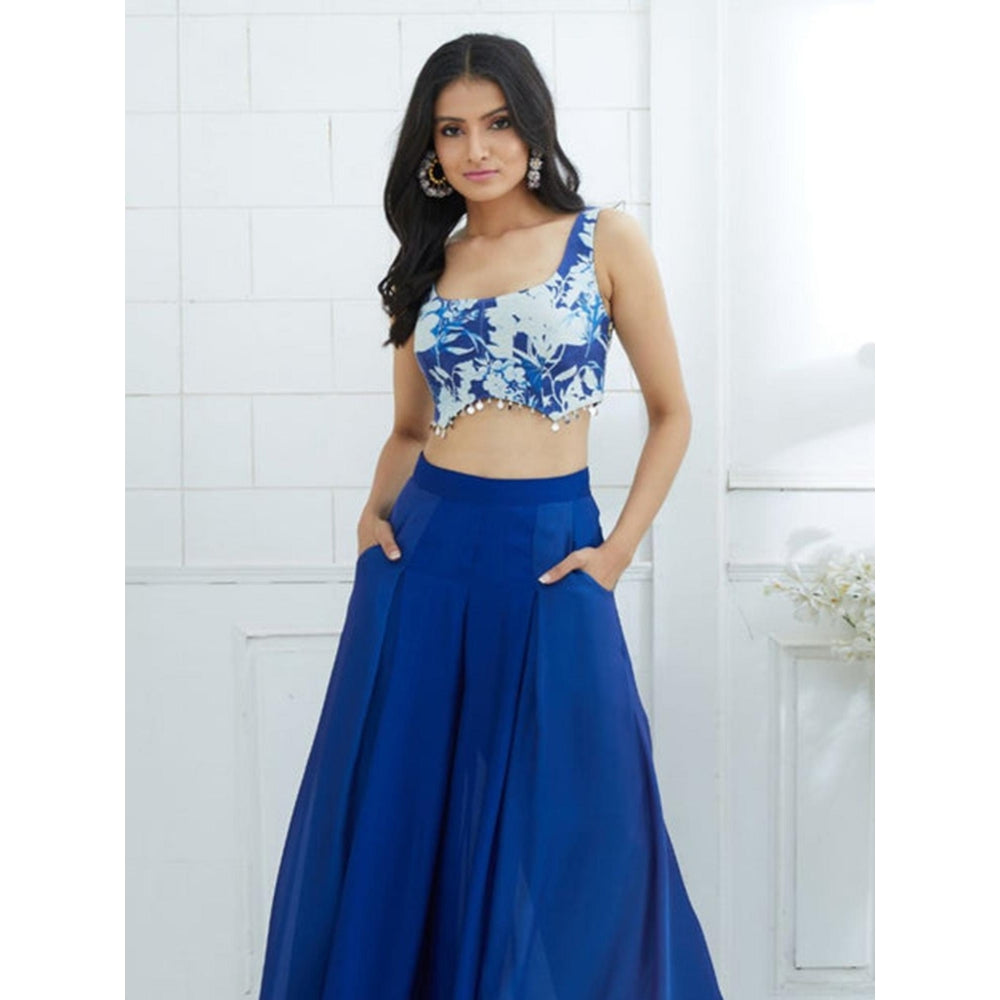 MANDIRA WIRK Blue Printed Blouse With Ombre Pleated Palazzo