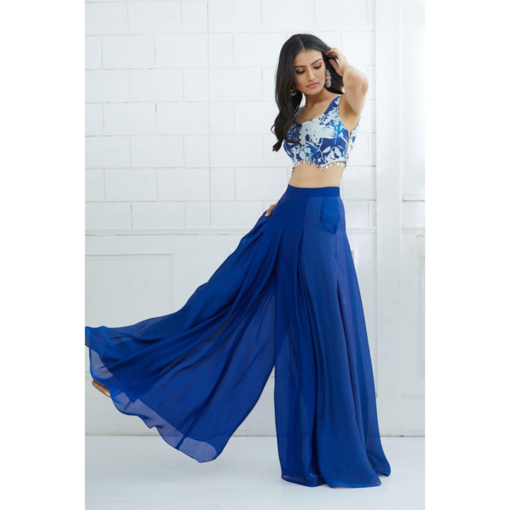MANDIRA WIRK Blue Printed Blouse With Ombre Pleated Palazzo