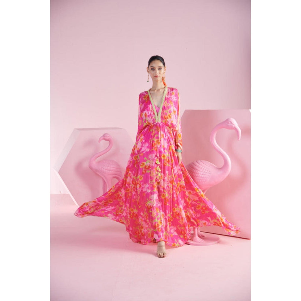 MANDIRA WIRK Floral Cluster Pink Kaftan Pant With Bralette