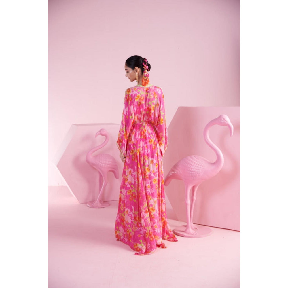 MANDIRA WIRK Floral Cluster Pink Kaftan Pant With Bralette