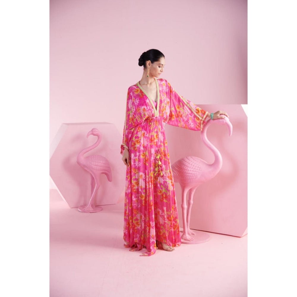 MANDIRA WIRK Floral Cluster Pink Kaftan Pant With Bralette