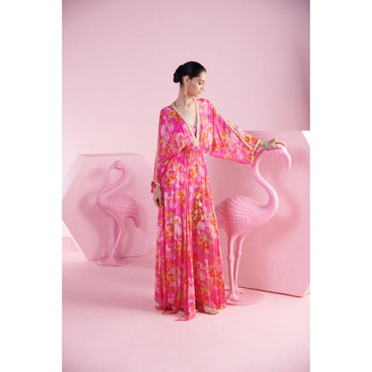 MANDIRA WIRK Floral Cluster Pink Kaftan Pant With Bralette