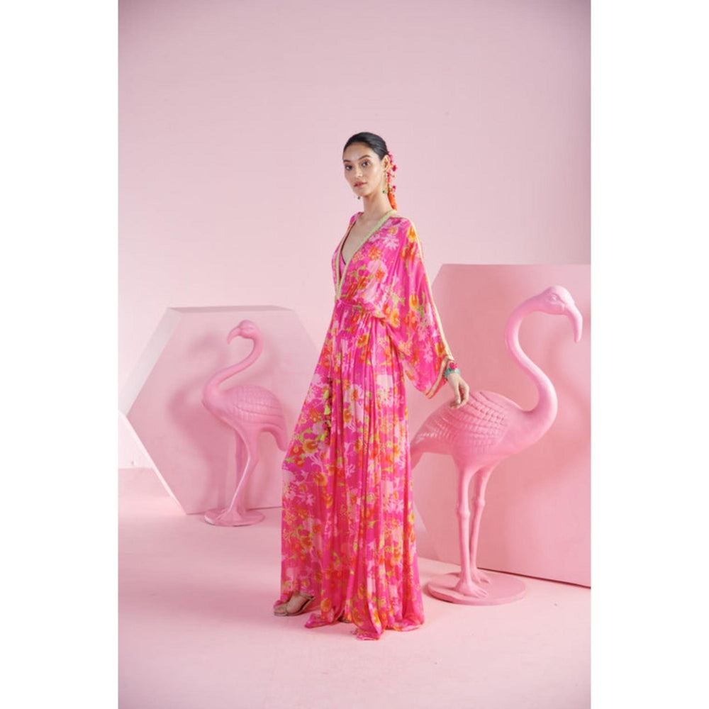 MANDIRA WIRK Floral Cluster Pink Kaftan Pant With Bralette
