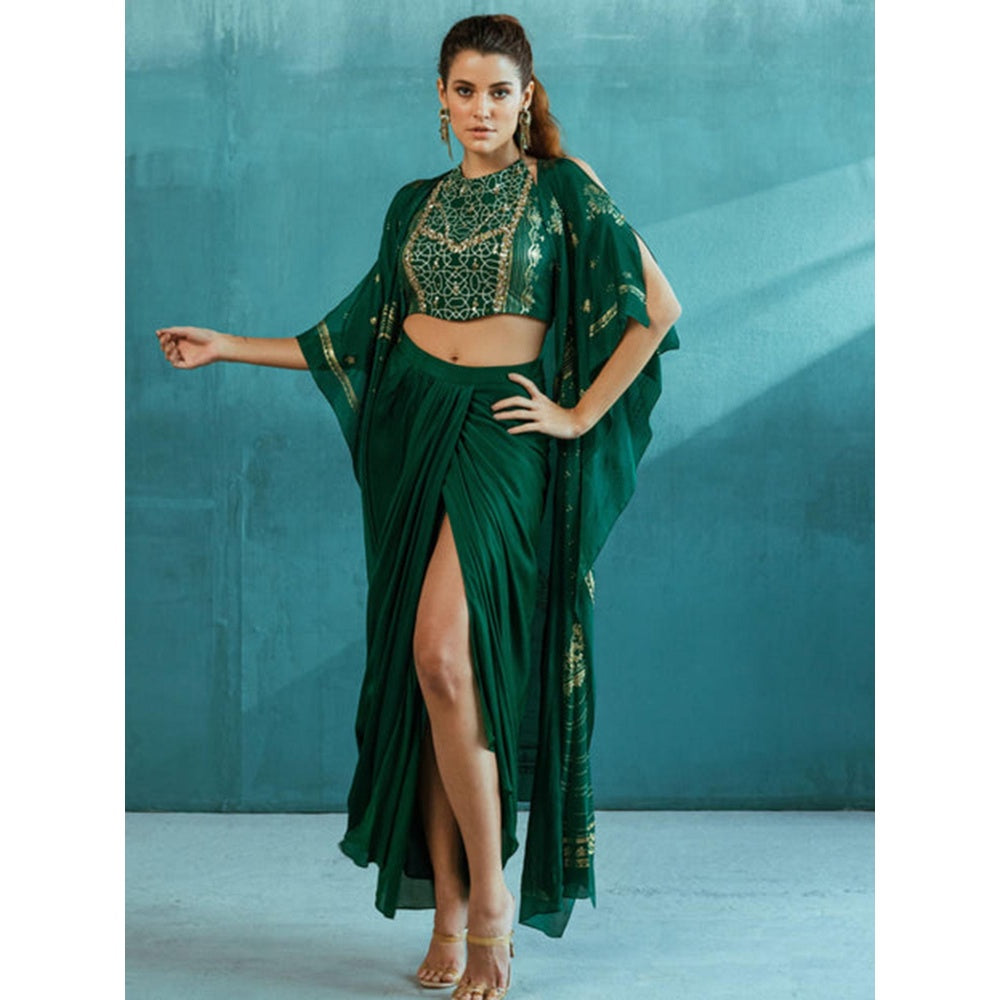MANDIRA WIRK Emerald Green Cape With Blouse And Skirt