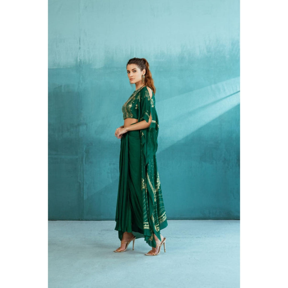 MANDIRA WIRK Emerald Green Cape With Blouse And Skirt