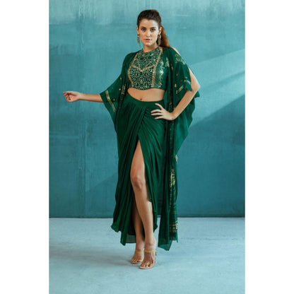 MANDIRA WIRK Emerald Green Cape With Blouse And Skirt