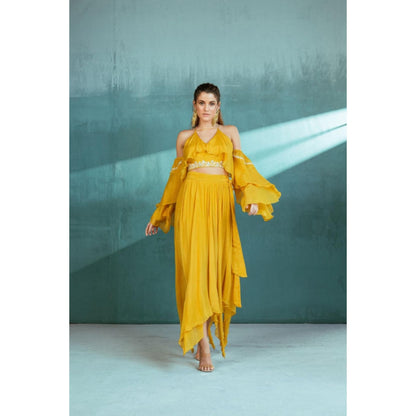 MANDIRA WIRK Mustard Chiffon Top Skirt Set