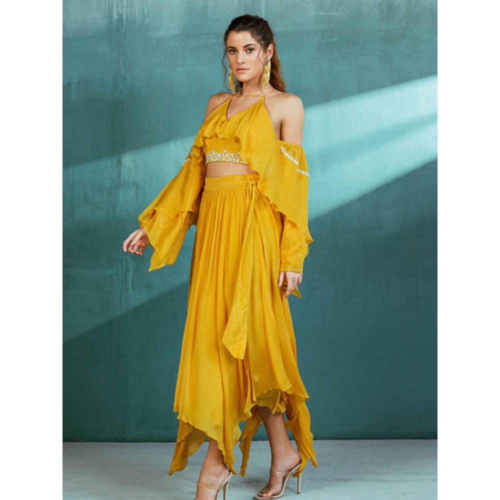 MANDIRA WIRK Mustard Chiffon Top Skirt Set