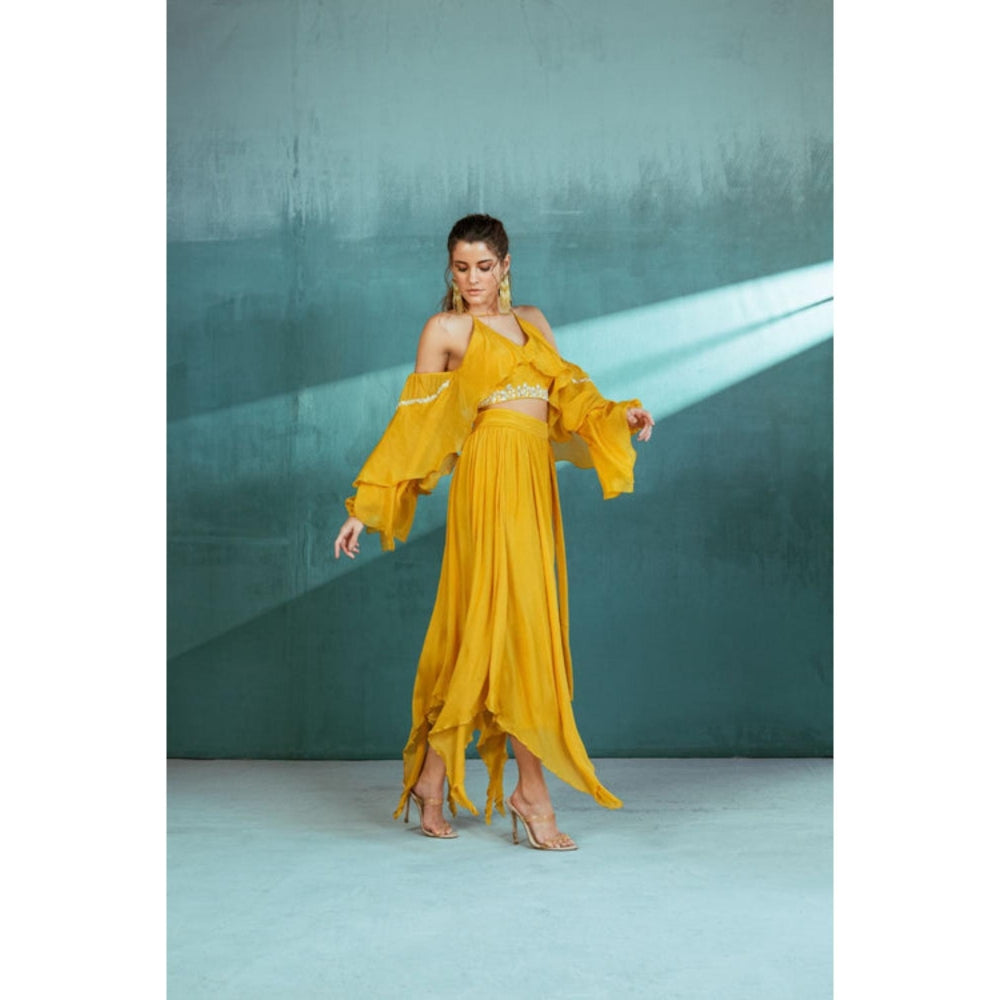 MANDIRA WIRK Mustard Chiffon Top Skirt Set