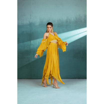 MANDIRA WIRK Mustard Chiffon Top Skirt Set