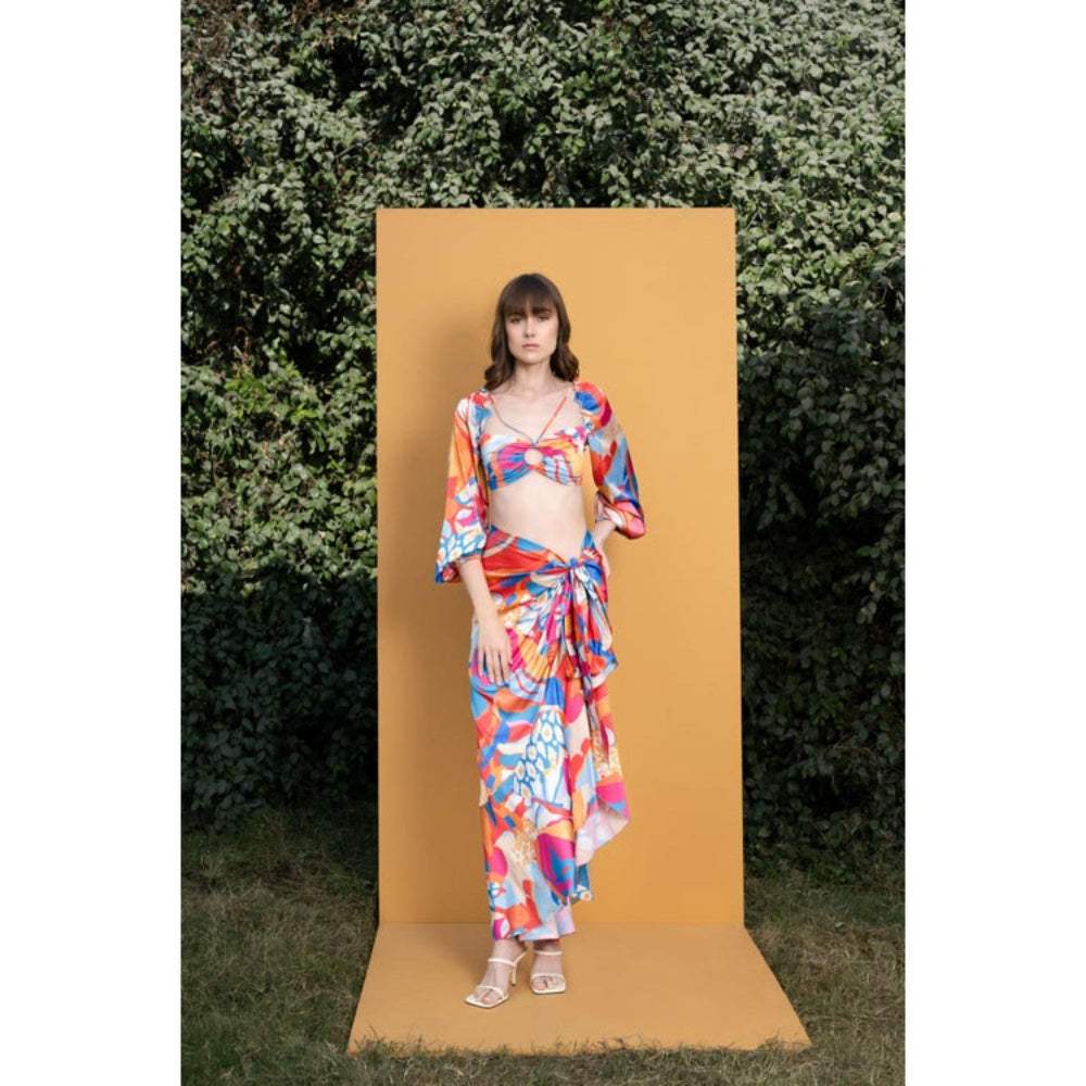 MANDIRA WIRK Pop Abstract Printed Satin Top And Wrap Skirt