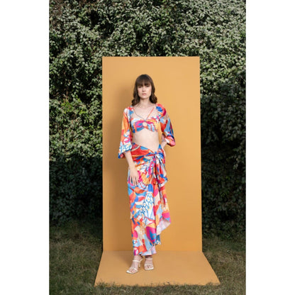 MANDIRA WIRK Pop Abstract Printed Satin Top And Wrap Skirt