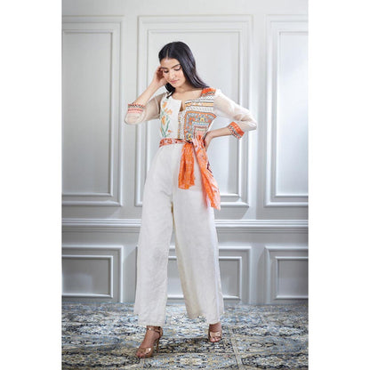 MANDIRA WIRK Hand Embroidered Printed Chanderi Jumpsuit