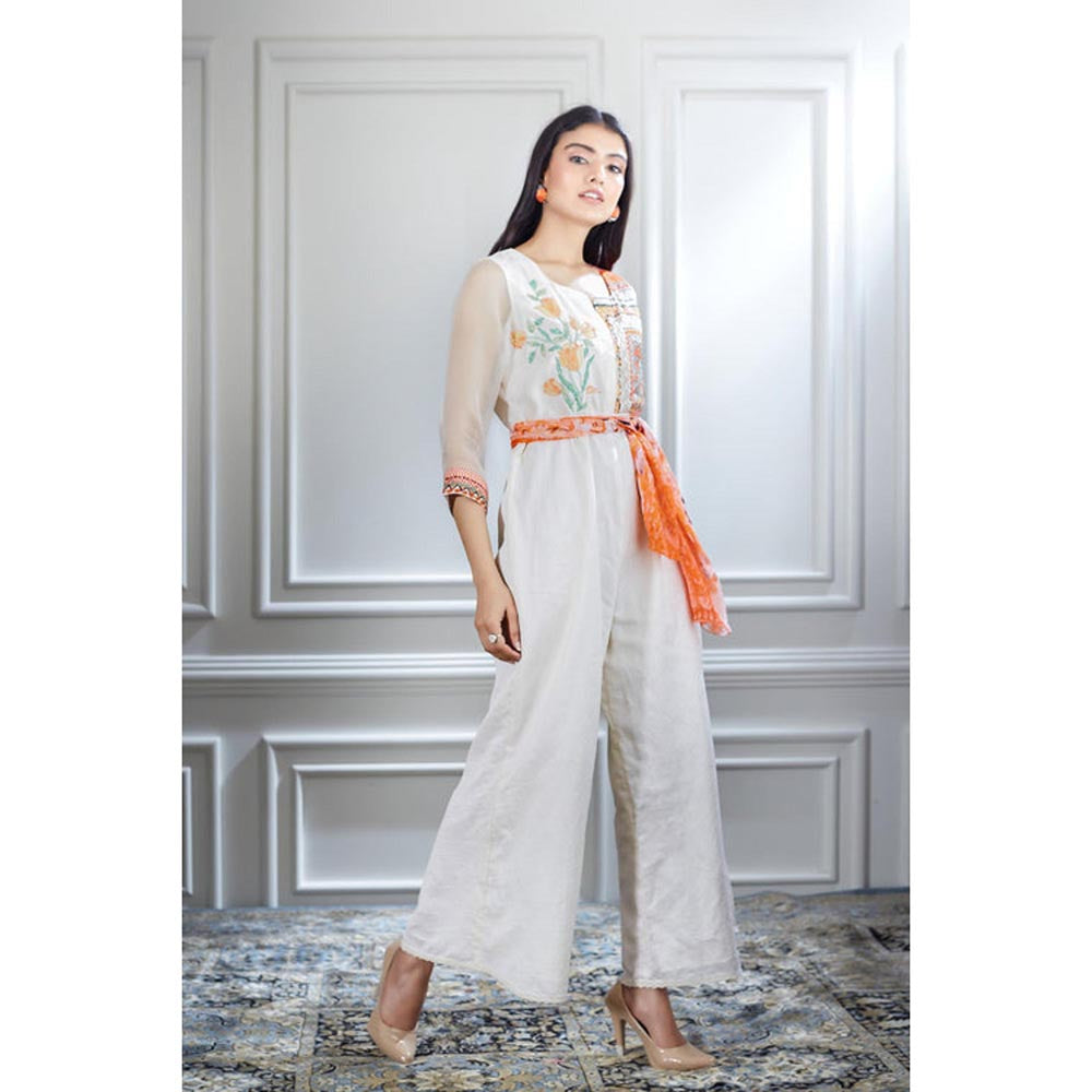 MANDIRA WIRK Hand Embroidered Printed Chanderi Jumpsuit