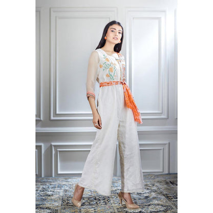MANDIRA WIRK Hand Embroidered Printed Chanderi Jumpsuit