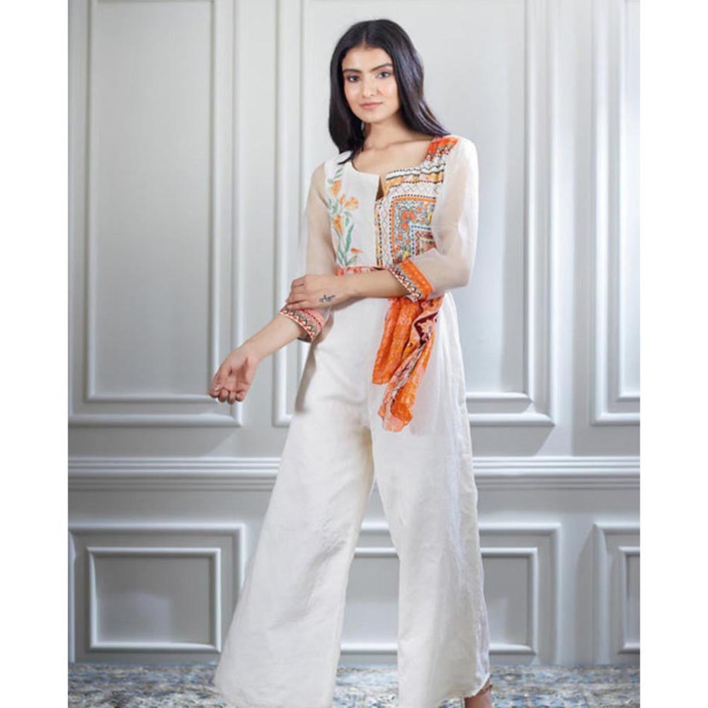 MANDIRA WIRK Hand Embroidered Printed Chanderi Jumpsuit