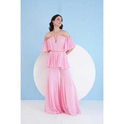 MANDIRA WIRK Solid Pink Embroidered Jumpsuit