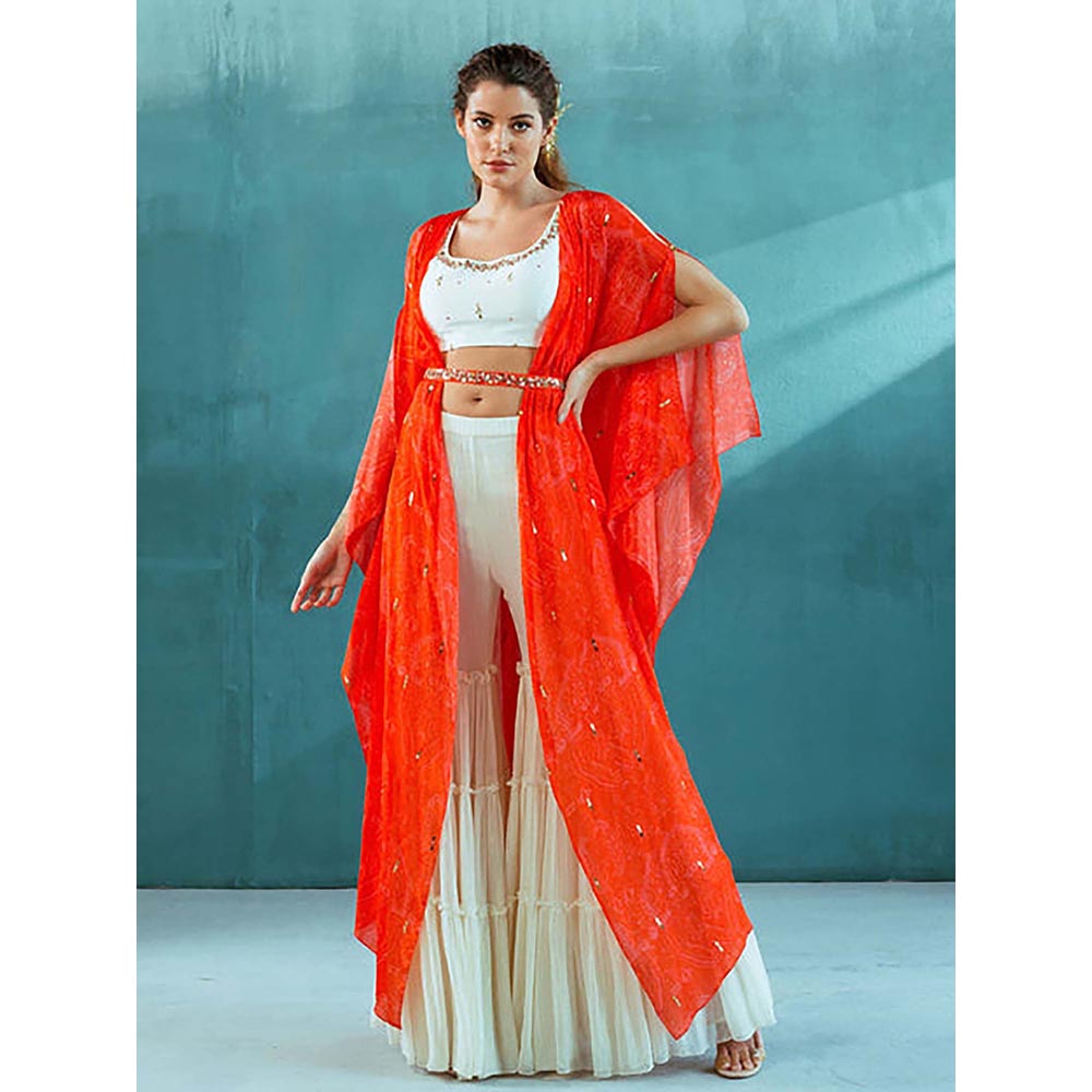 MANDIRA WIRK Women Chiffon Ivory Top with Sharara and Dupatta