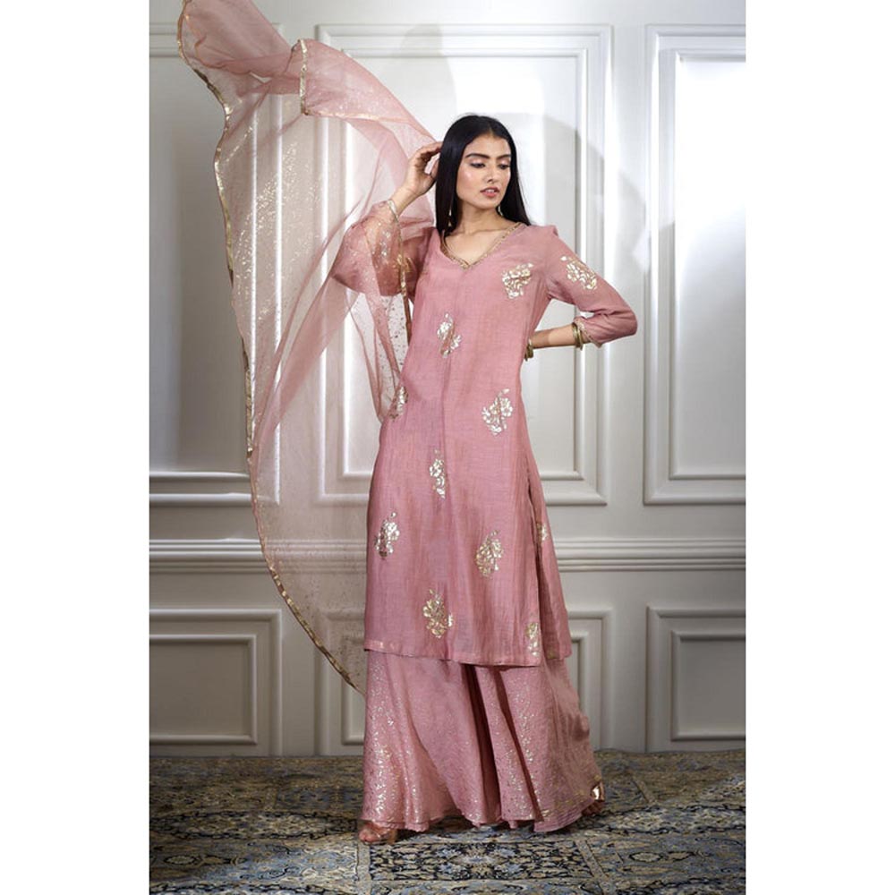 MANDIRA WIRK Women Chanderi Pink Kurta with Sharara and Dupatta