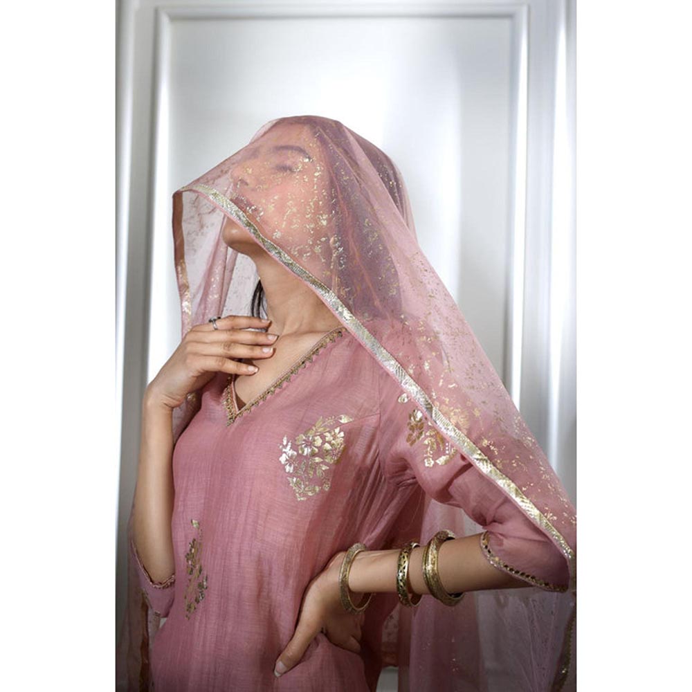MANDIRA WIRK Women Chanderi Pink Kurta with Sharara and Dupatta