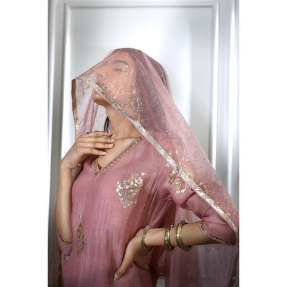 MANDIRA WIRK Women Chanderi Pink Kurta with Sharara and Dupatta