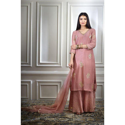 MANDIRA WIRK Women Chanderi Pink Kurta with Sharara and Dupatta