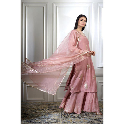 MANDIRA WIRK Women Chanderi Pink Kurta with Sharara and Dupatta
