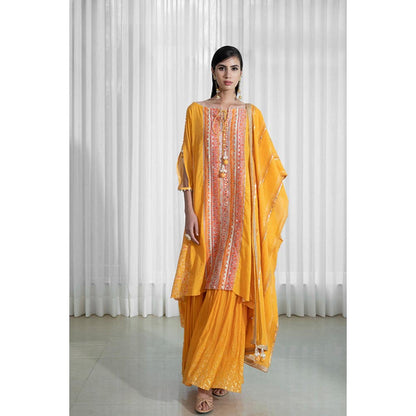 MANDIRA WIRK Women Cotton Lurex Mustard Kurta with Sharara and Dupatta