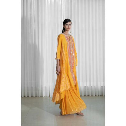 MANDIRA WIRK Women Cotton Lurex Mustard Kurta with Sharara and Dupatta