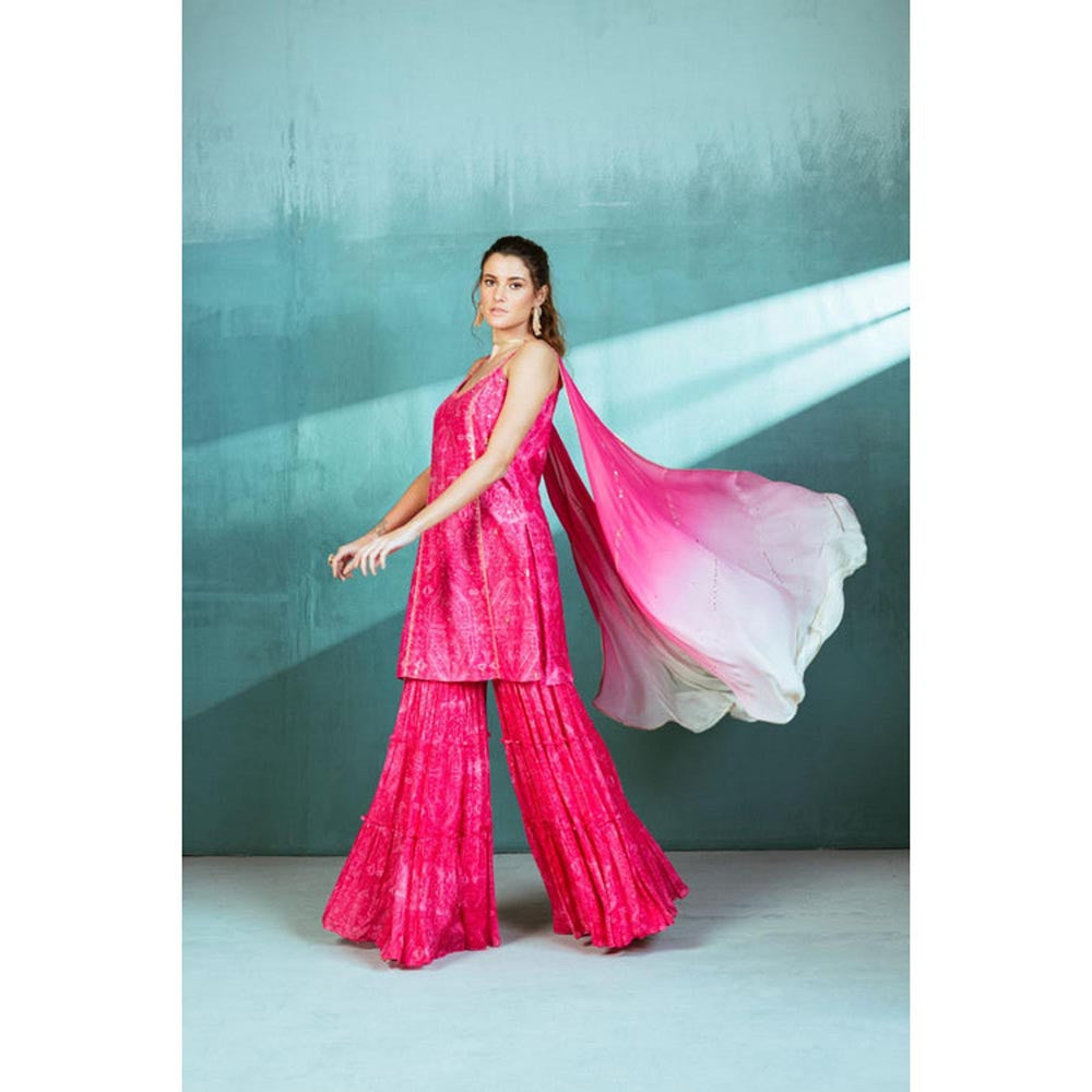 MANDIRA WIRK Women Chanderi Pink Kurta with Sharara and Dupatta