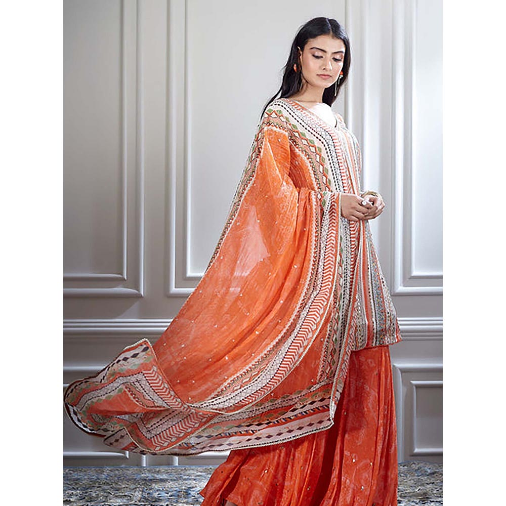 MANDIRA WIRK Women Chanderi Orange Kurta with Sharara and Dupatta