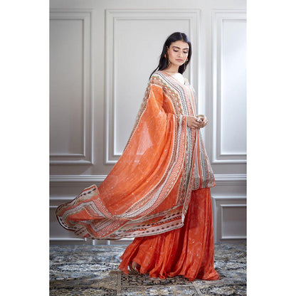 MANDIRA WIRK Women Chanderi Orange Kurta with Sharara and Dupatta