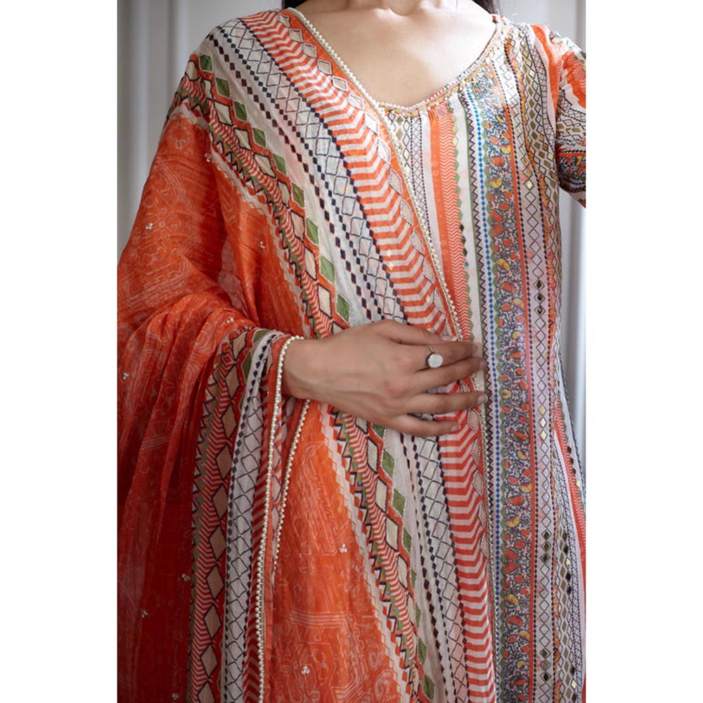 MANDIRA WIRK Women Chanderi Orange Kurta with Sharara and Dupatta