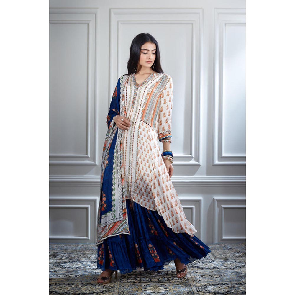 MANDIRA WIRK Women Chanderi Ivory Kurta with Sharara and Dupatta