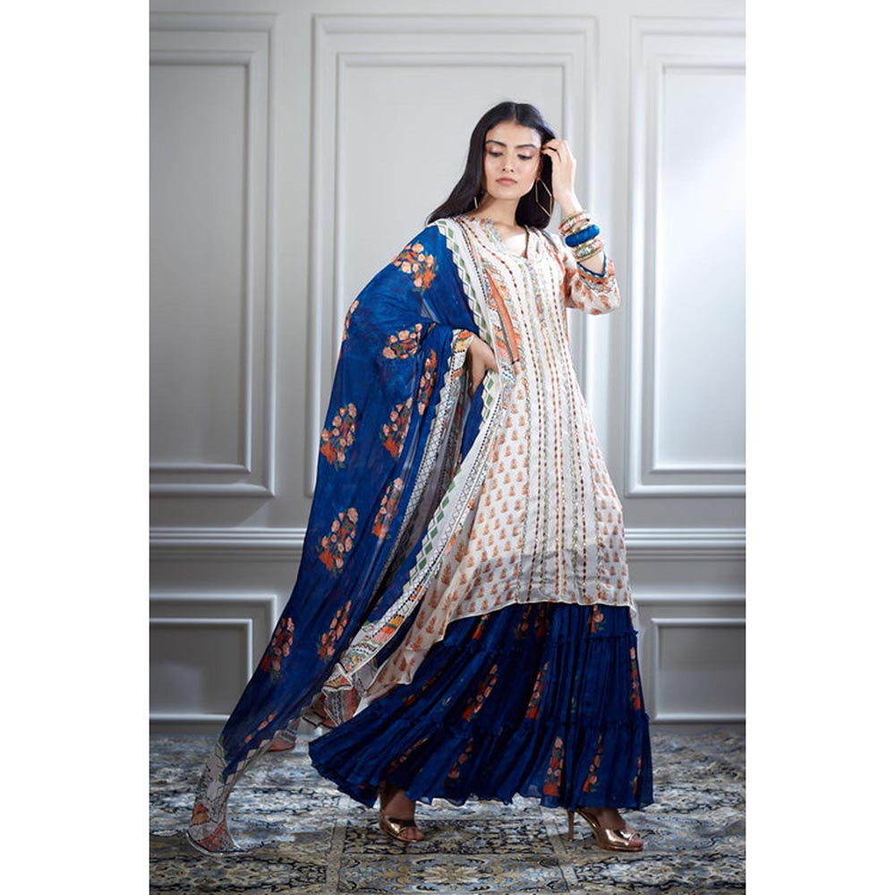MANDIRA WIRK Women Chanderi Ivory Kurta with Sharara and Dupatta