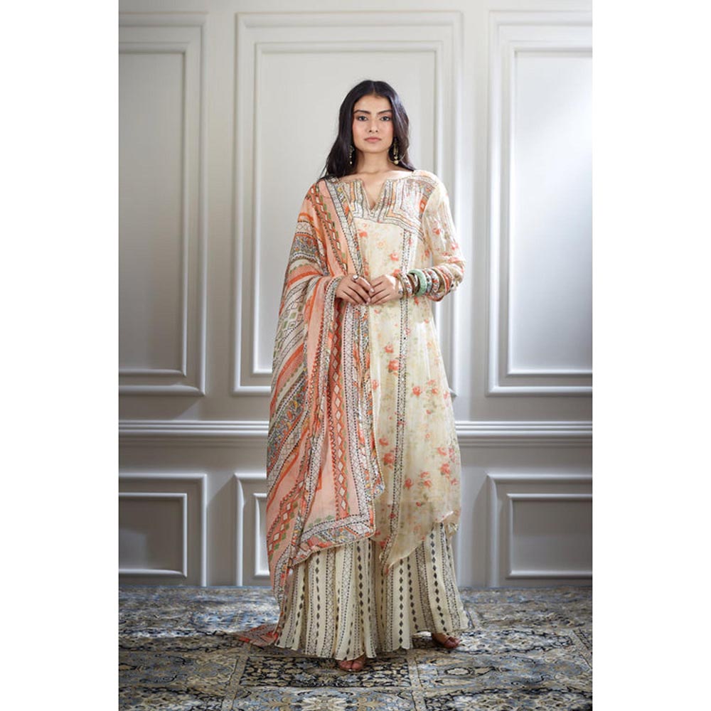 MANDIRA WIRK Women Chanderi Ivory Kurta with Sharara and Dupatta