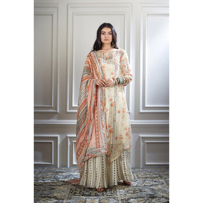MANDIRA WIRK Women Chanderi Ivory Kurta with Sharara and Dupatta