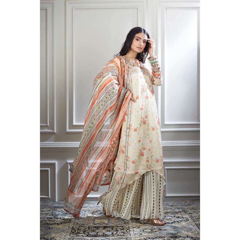 MANDIRA WIRK Women Chanderi Ivory Kurta with Sharara and Dupatta